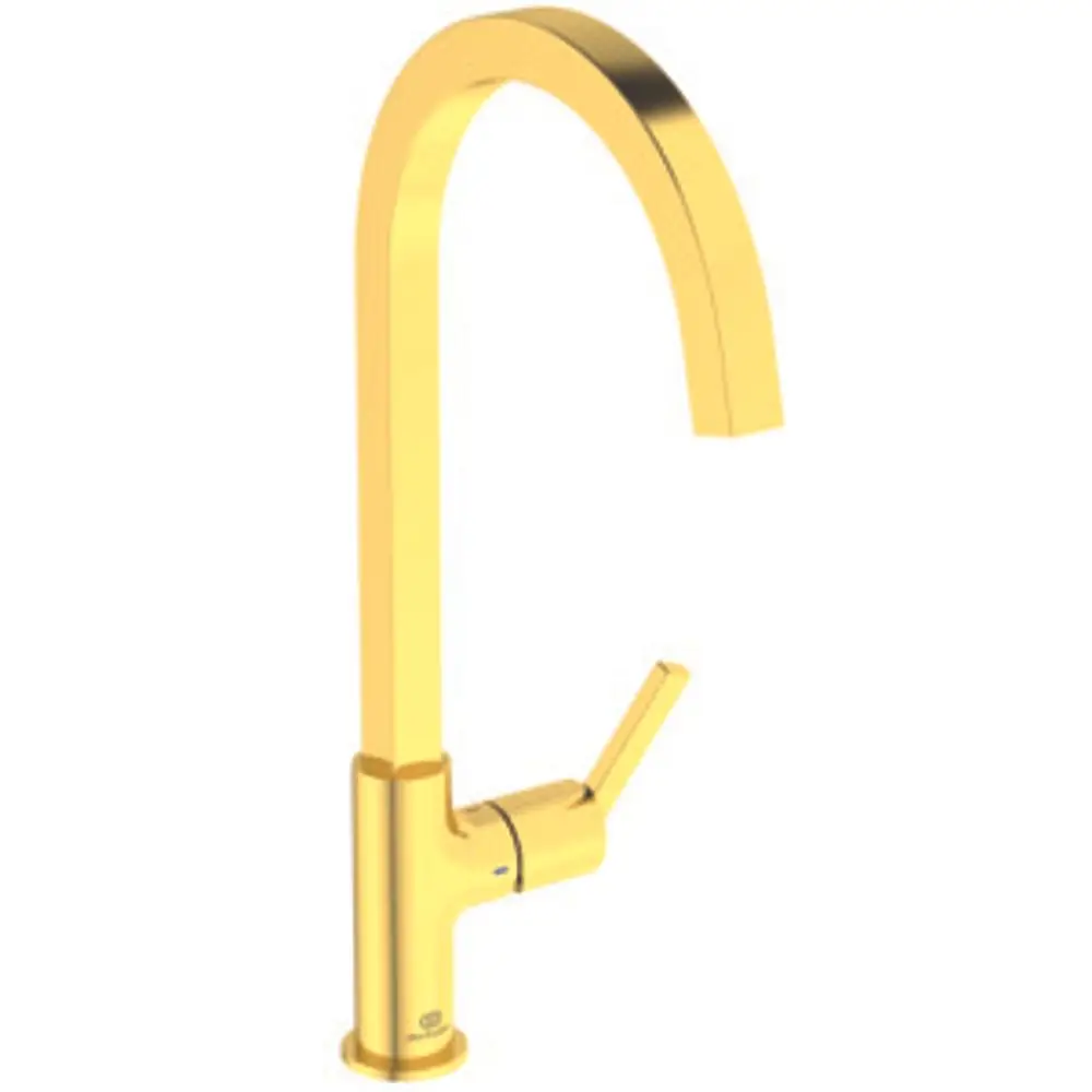 Küchenarmatur in Brushed Gold von Ideal Standard mit hohem, gebogenem Auslauf und seitlichem Hebel zum Regulieren des Wasserdurchflusses.